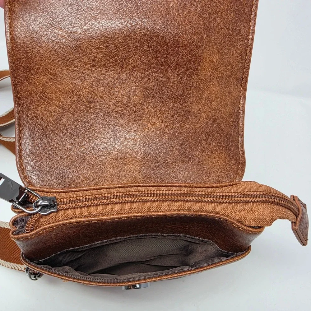 Vimutti Brown Floral Embossed Crossbody Phone Bag Vegan Leather Guitar Strap
